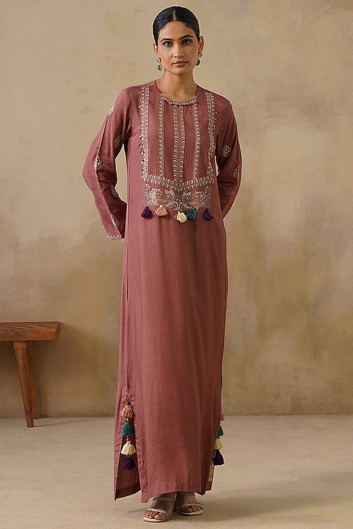 Brown Cotton Silk Thread Embroidered Straight-Cut Vacation Dress by Inej at Pernia's Pop Up Shop