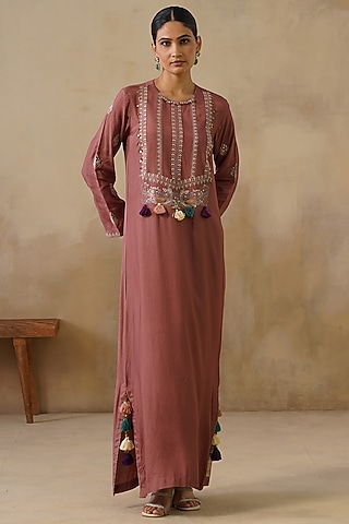 Brown Cotton Silk Thread Embroidered Straight-Cut Dress by Inej