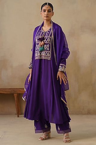 Purple Cotton Silk Thread Embroidered Kalidar Kurta Set by Inej