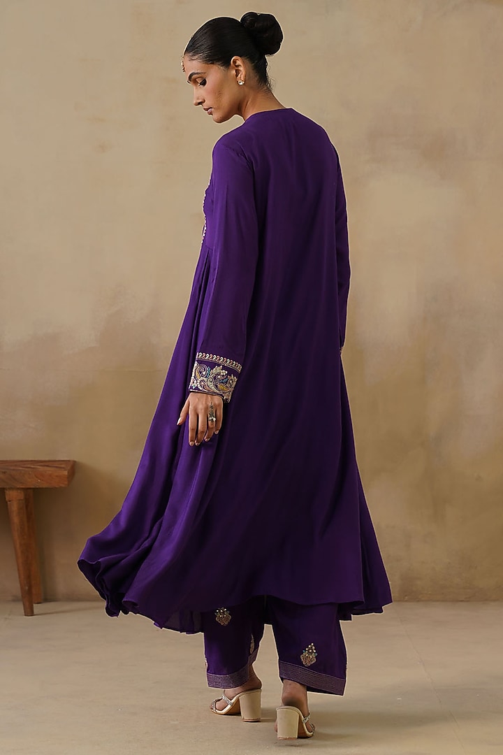 Purple Cotton Silk Thread Embroidered Kalidar Kurta Set by Inej at Pernia's Pop Up Shop