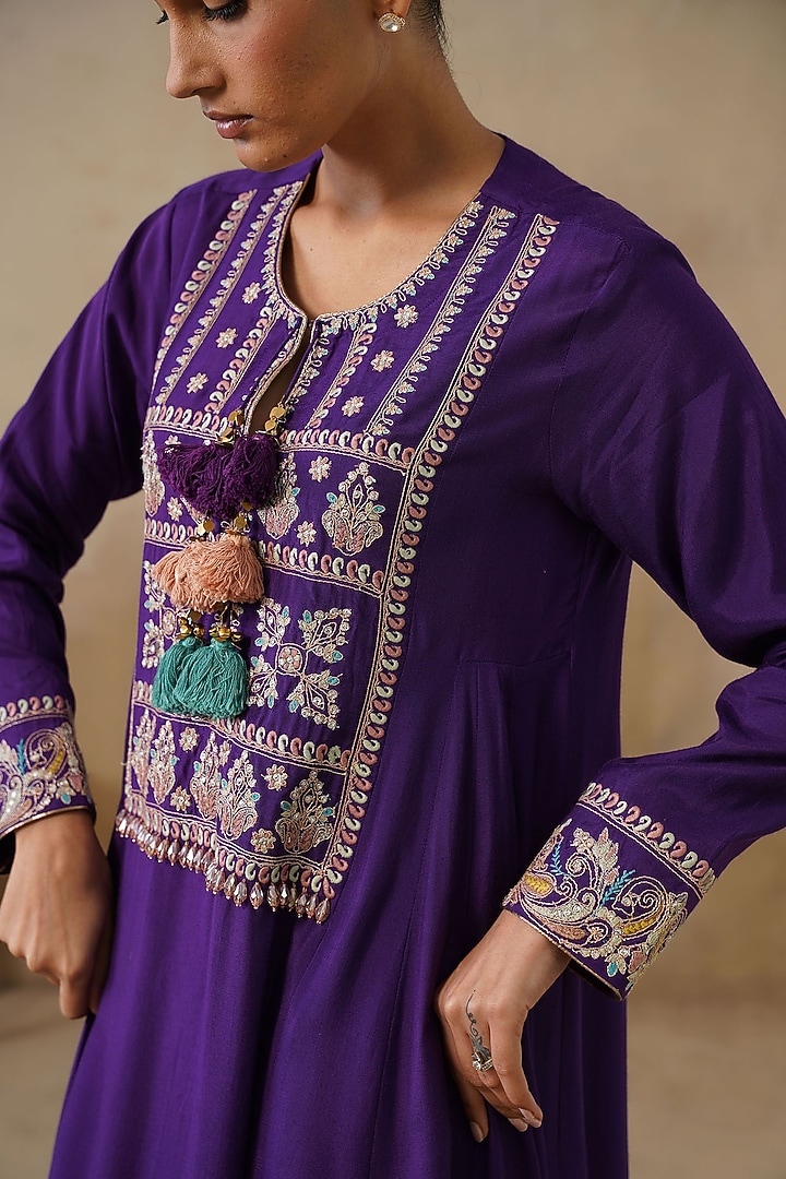 Purple Cotton Silk Thread Embroidered Kalidar Kurta Set by Inej at Pernia's Pop Up Shop