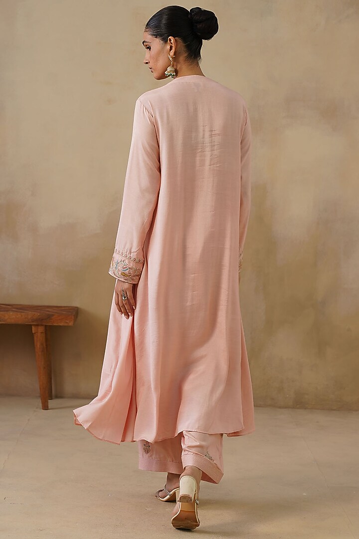 Pink Cotton Silk Thread Embroidered Kalidar Kurta Set by Inej at Pernia's Pop Up Shop