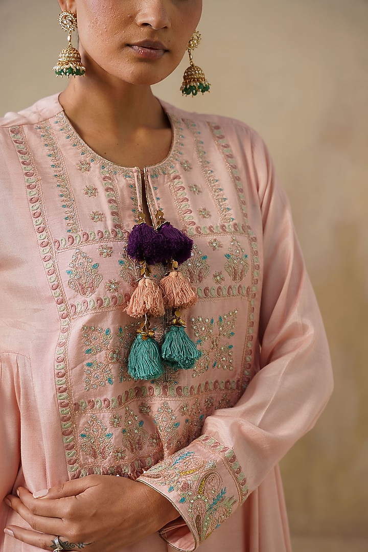 Pink Cotton Silk Thread Embroidered Kalidar Kurta Set by Inej at Pernia's Pop Up Shop