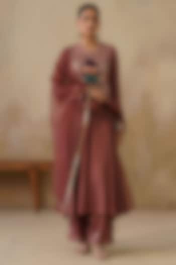Brown Cotton Silk Thread Embroidered Kalidar Kurta Set by Inej at Pernia's Pop Up Shop