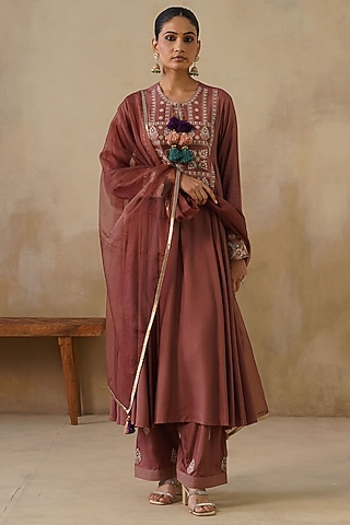 Brown Cotton Silk Thread Embroidered Kalidar Kurta Set by Inej