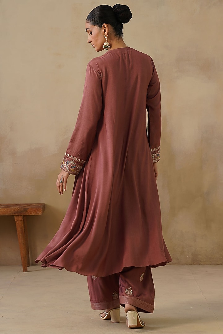 Brown Cotton Silk Thread Embroidered Kalidar Kurta Set by Inej at Pernia's Pop Up Shop