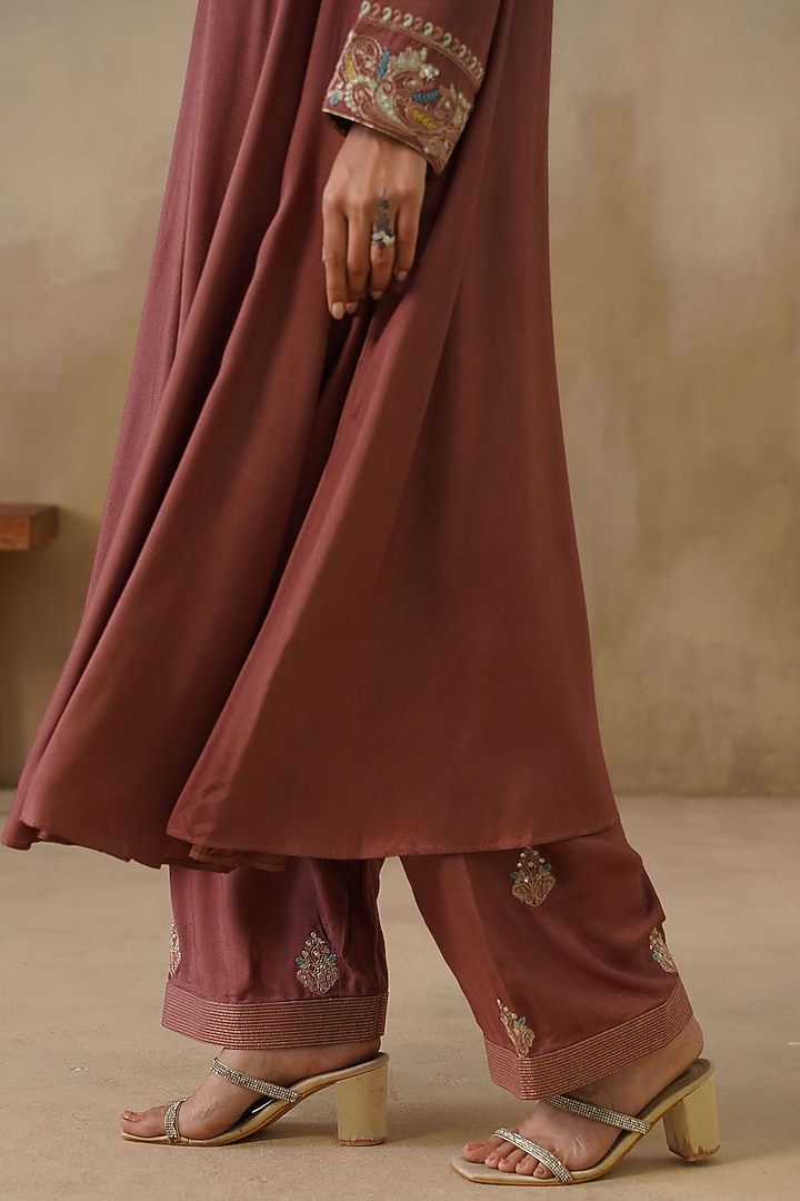 Brown Cotton Silk Thread Embroidered Kalidar Kurta Set by Inej at Pernia's Pop Up Shop