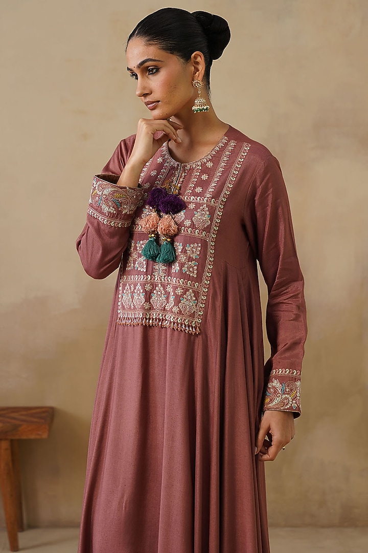 Brown Cotton Silk Thread Embroidered Kalidar Kurta Set by Inej at Pernia's Pop Up Shop