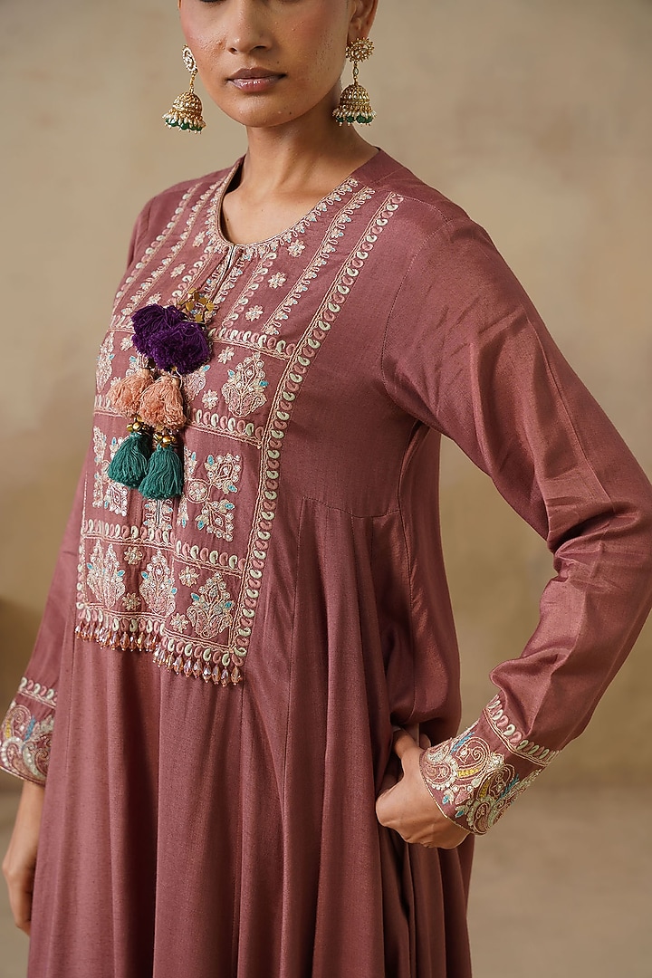 Brown Cotton Silk Thread Embroidered Kalidar Kurta Set by Inej at Pernia's Pop Up Shop