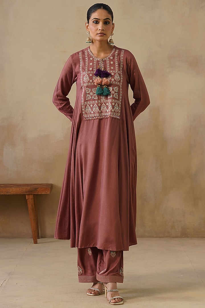 Brown Cotton Silk Thread Embroidered Kalidar Kurta Set by Inej at Pernia's Pop Up Shop