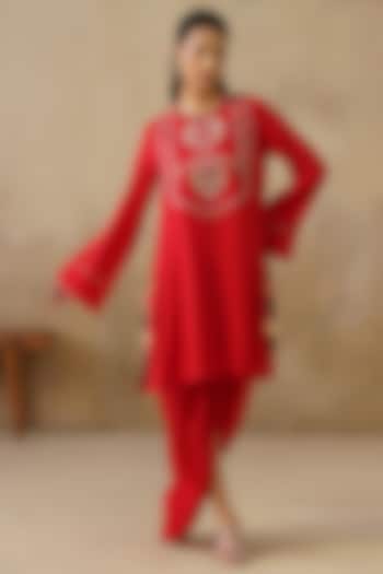 Red Cotton Silk Draped Skirt Set by Inej at Pernia's Pop Up Shop