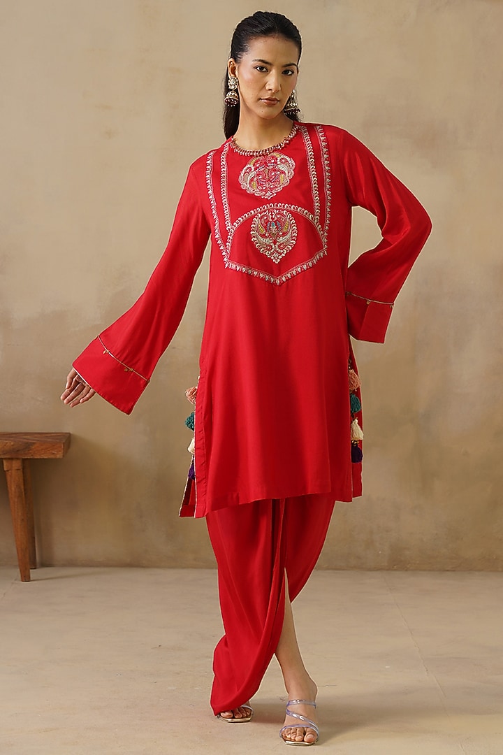 Red Cotton Silk Draped Skirt Set by Inej at Pernia's Pop Up Shop