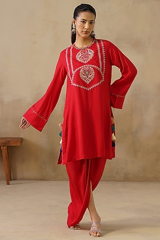 Red Cotton Silk Draped Skirt Set by Inej