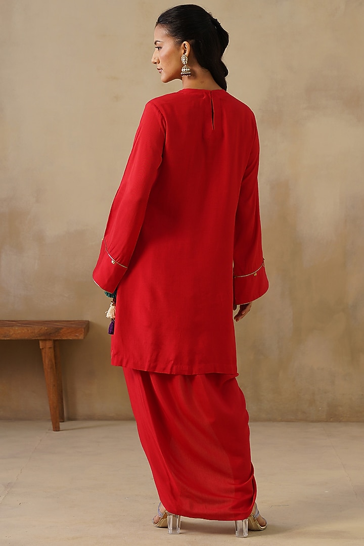 Red Cotton Silk Draped Skirt Set by Inej at Pernia's Pop Up Shop