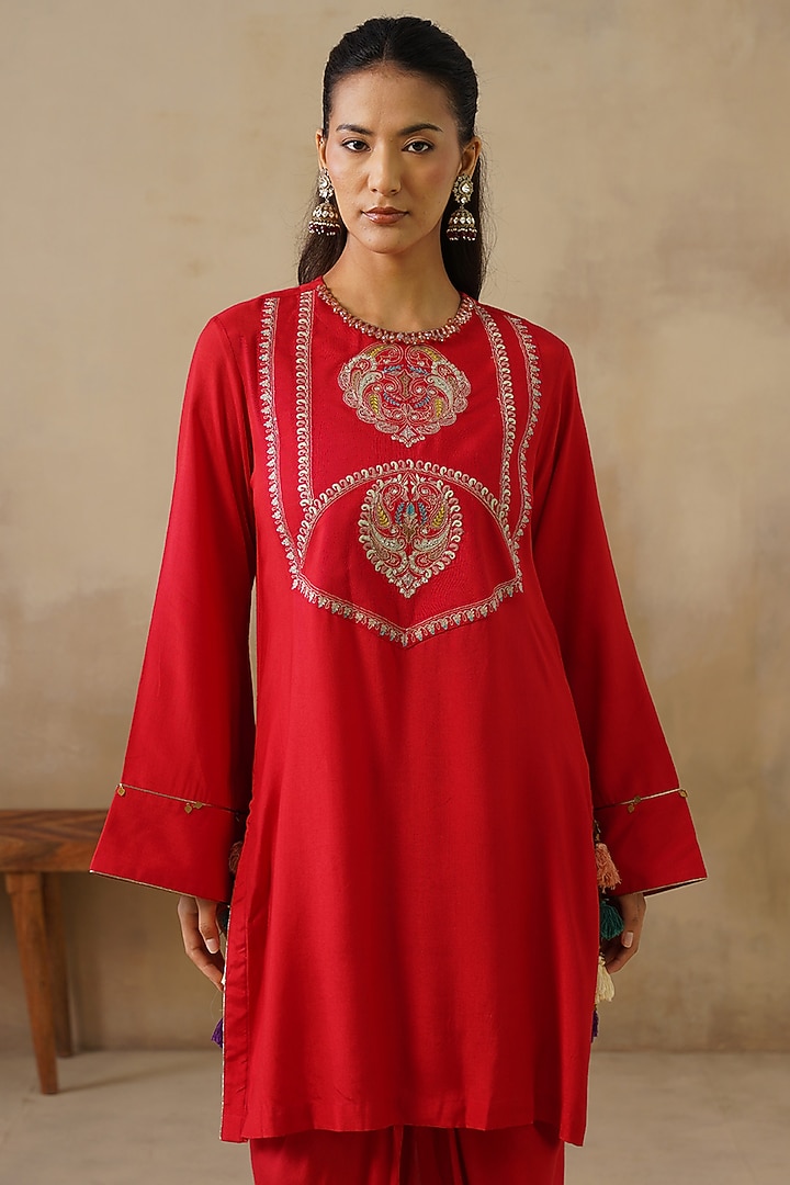 Red Cotton Silk Draped Skirt Set by Inej at Pernia's Pop Up Shop