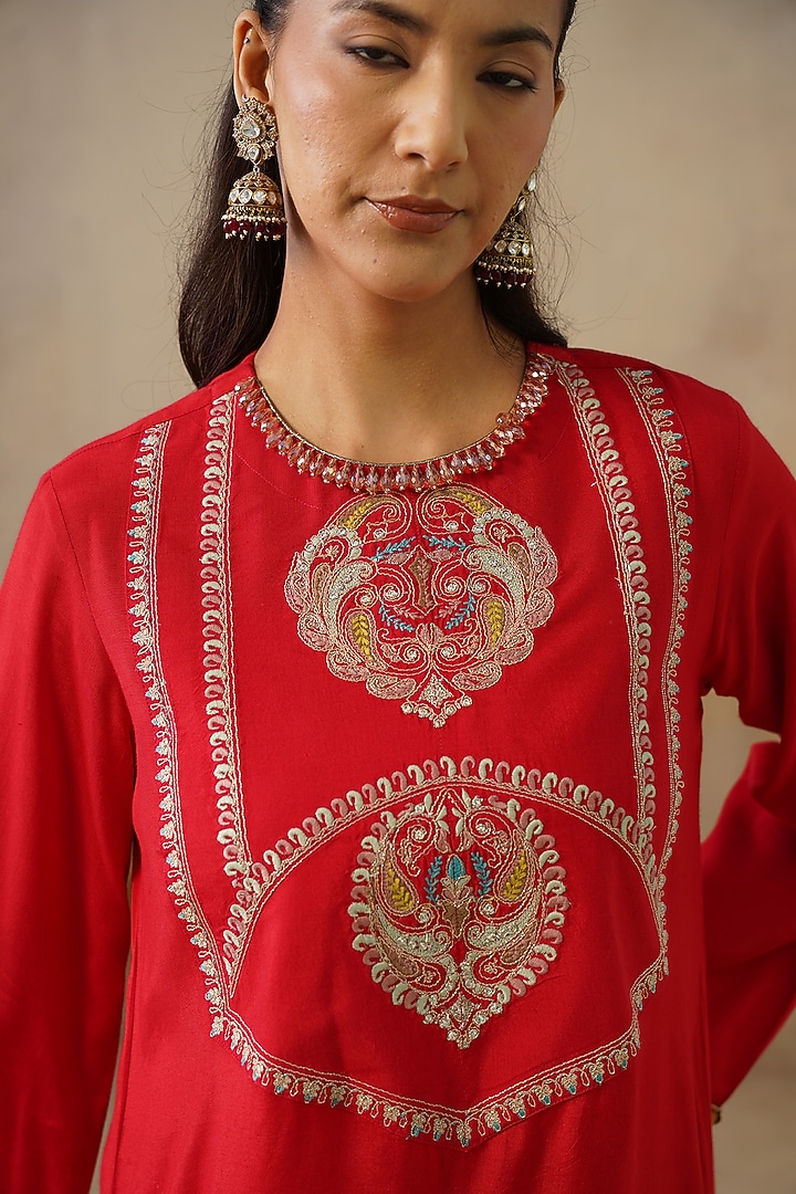 Red Cotton Silk Draped Skirt Set by Inej at Pernia's Pop Up Shop