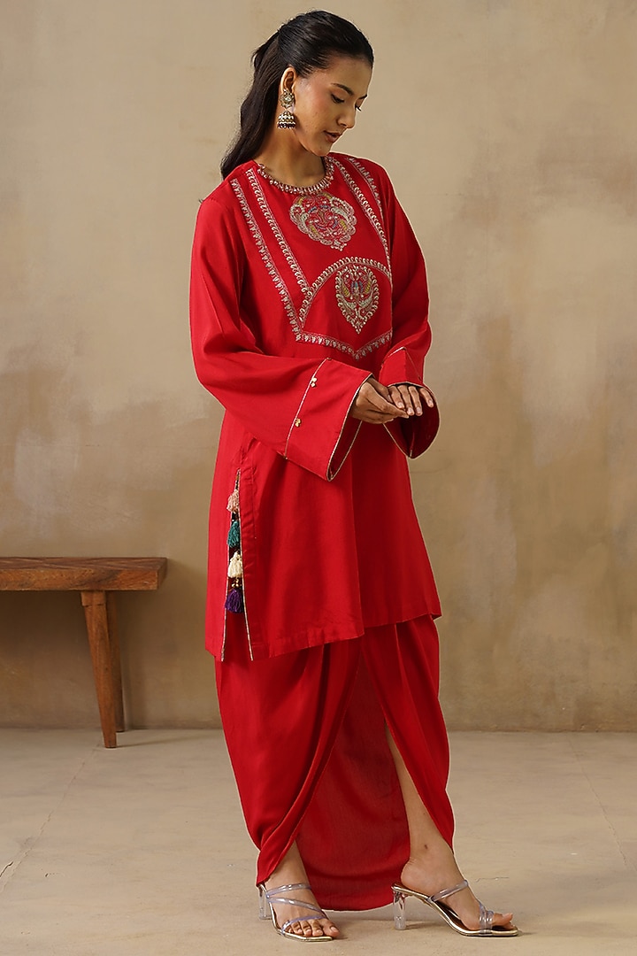 Red Cotton Silk Draped Skirt Set by Inej at Pernia's Pop Up Shop