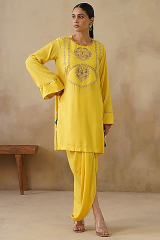 Yellow Cotton Silk Draped Skirt Set by Inej