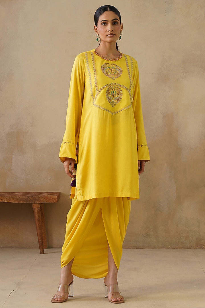 Yellow Cotton Silk Draped Skirt Set by Inej at Pernia's Pop Up Shop