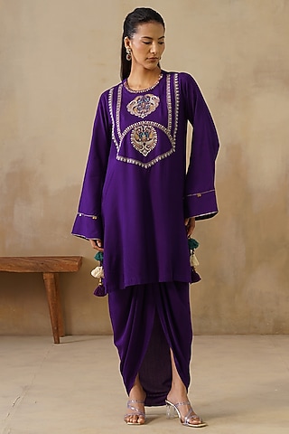 Purple Cotton Silk Draped Skirt Set by Inej