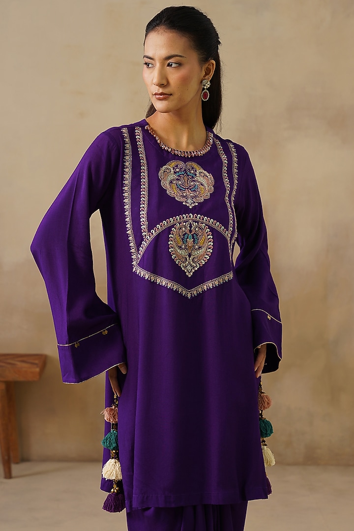 Purple Cotton Silk Draped Skirt Set by Inej at Pernia's Pop Up Shop