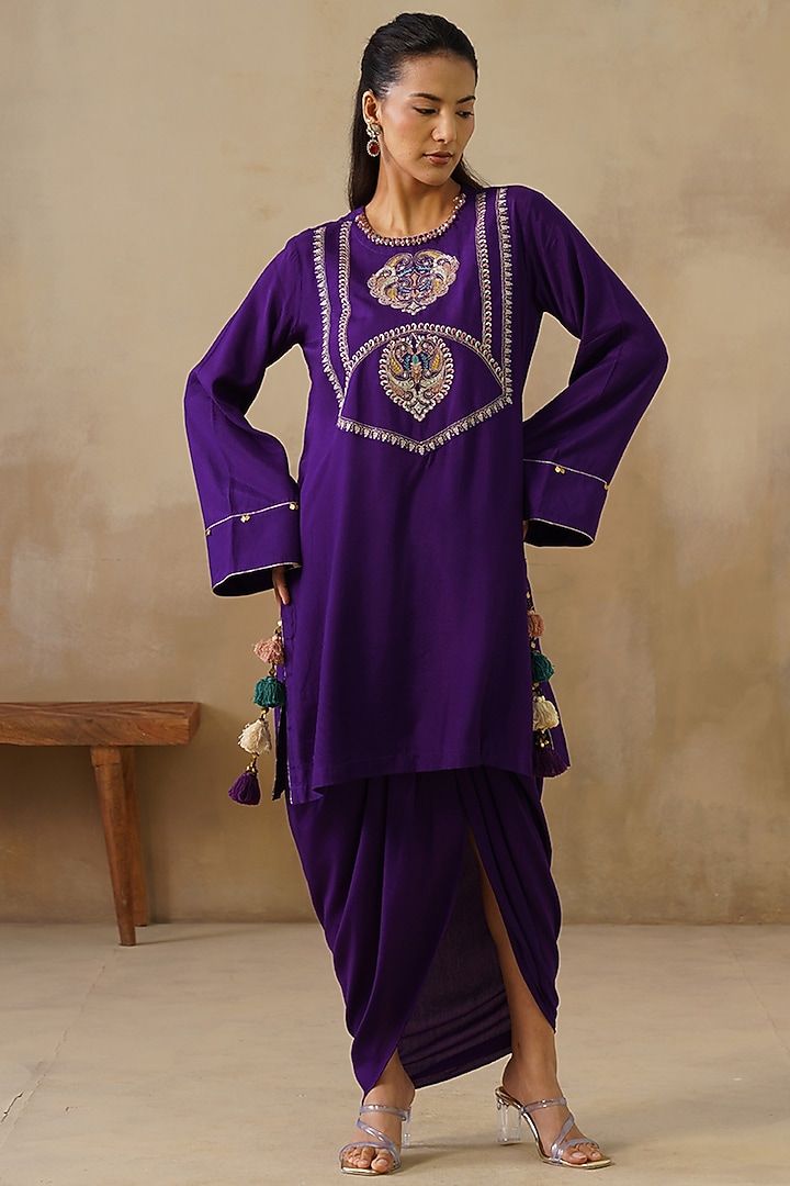 Purple Cotton Silk Draped Skirt Set by Inej at Pernia's Pop Up Shop
