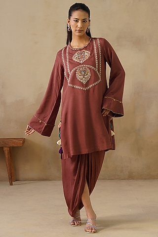 Brown Cotton Silk Draped Skirt Set by Inej