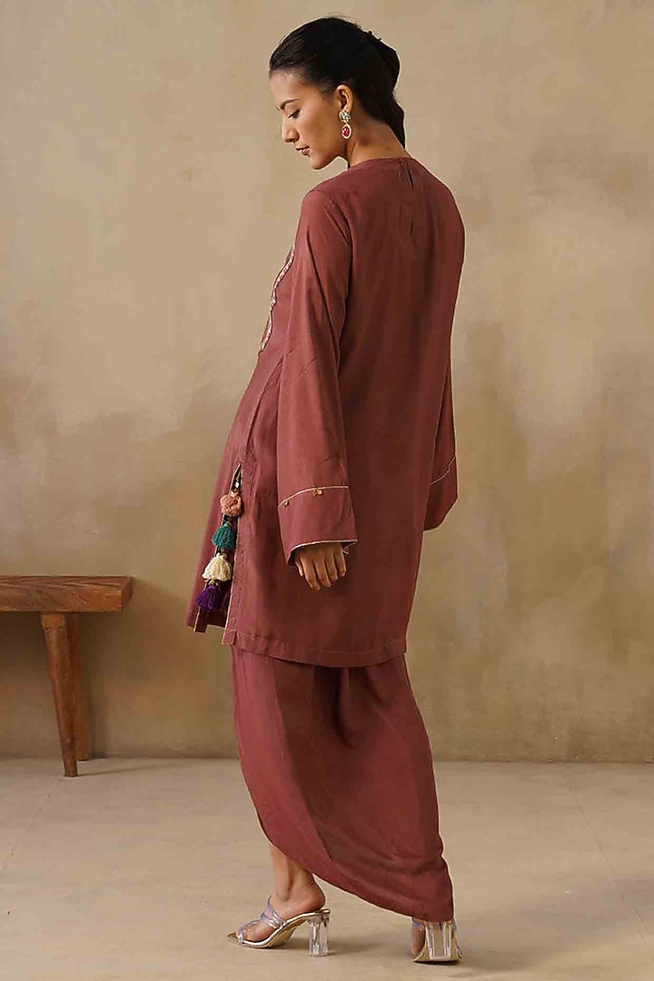 Brown Cotton Silk Draped Skirt Set by Inej at Pernia's Pop Up Shop
