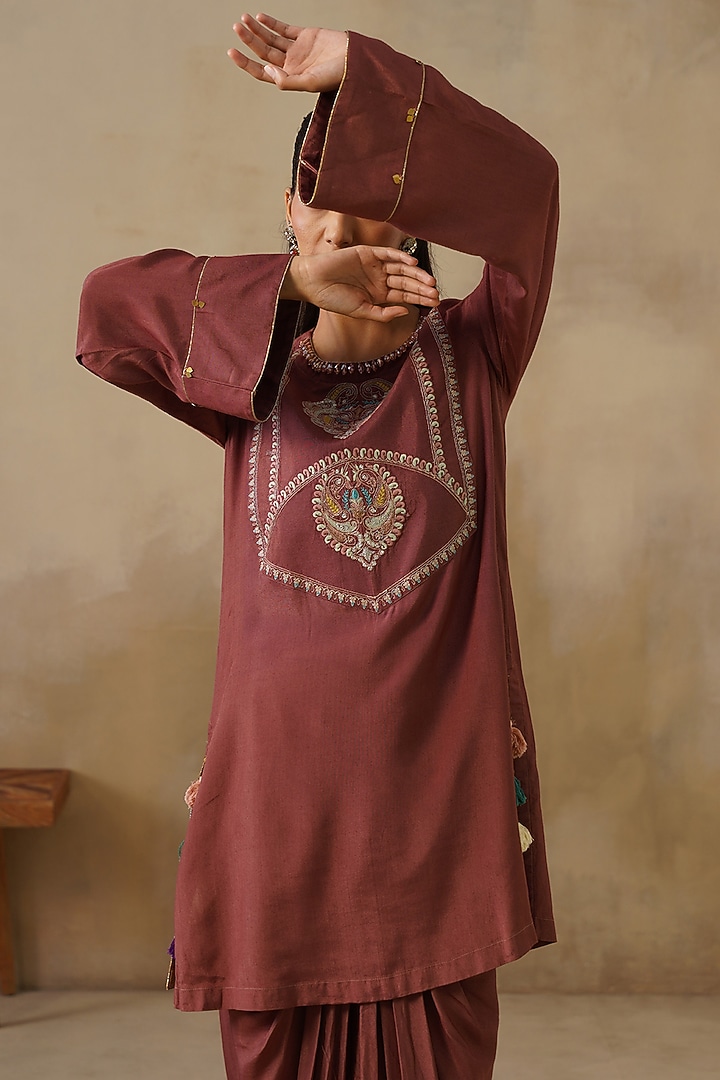 Brown Cotton Silk Draped Skirt Set by Inej at Pernia's Pop Up Shop
