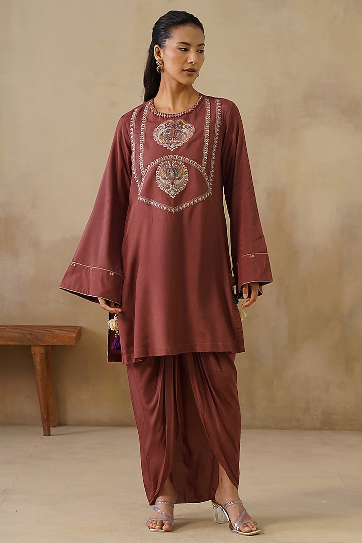Brown Cotton Silk Draped Skirt Set by Inej at Pernia's Pop Up Shop