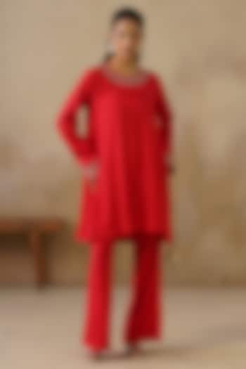 Red Cotton Silk Embroidered Co-Ord Set by Inej at Pernia's Pop Up Shop