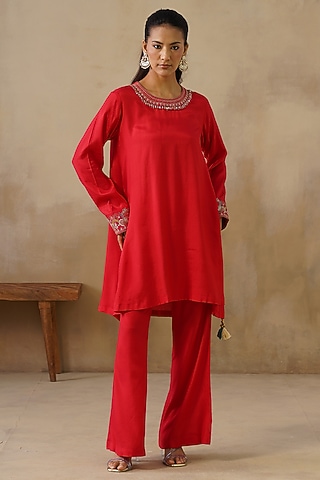 Red Cotton Silk Embroidered Co-Ord Set by Inej