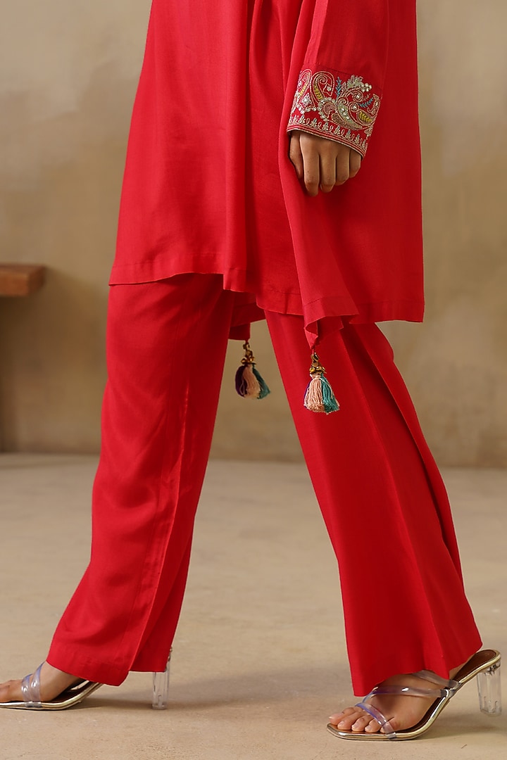 Red Cotton Silk Embroidered Co-Ord Set by Inej at Pernia's Pop Up Shop