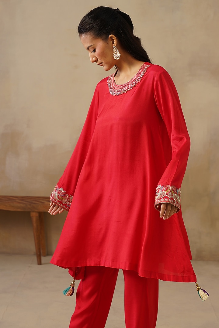 Red Cotton Silk Embroidered Co-Ord Set by Inej at Pernia's Pop Up Shop