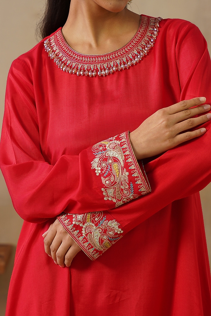 Red Cotton Silk Embroidered Co-Ord Set by Inej at Pernia's Pop Up Shop