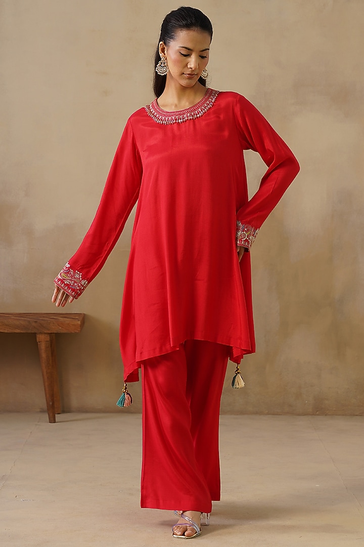 Red Cotton Silk Embroidered Co-Ord Set by Inej at Pernia's Pop Up Shop