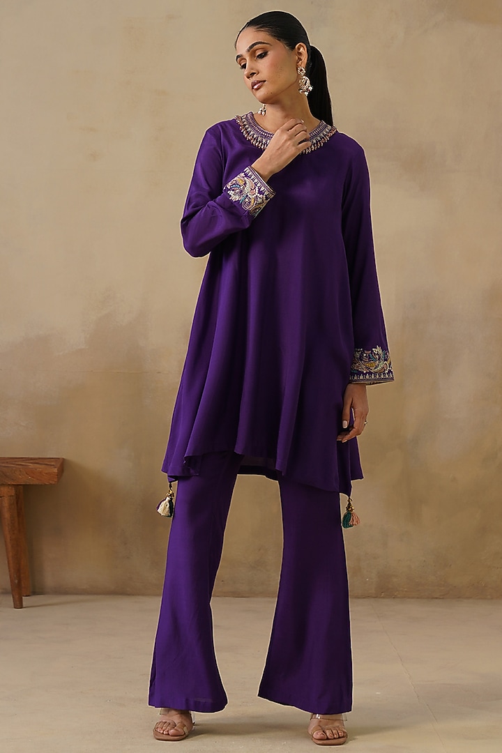Purple Cotton Silk Embroidered Co-Ord Set by Inej at Pernia's Pop Up Shop