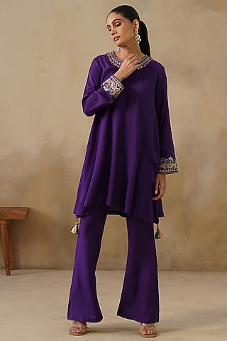 Purple Cotton Silk Embroidered Co-Ord Set by Inej
