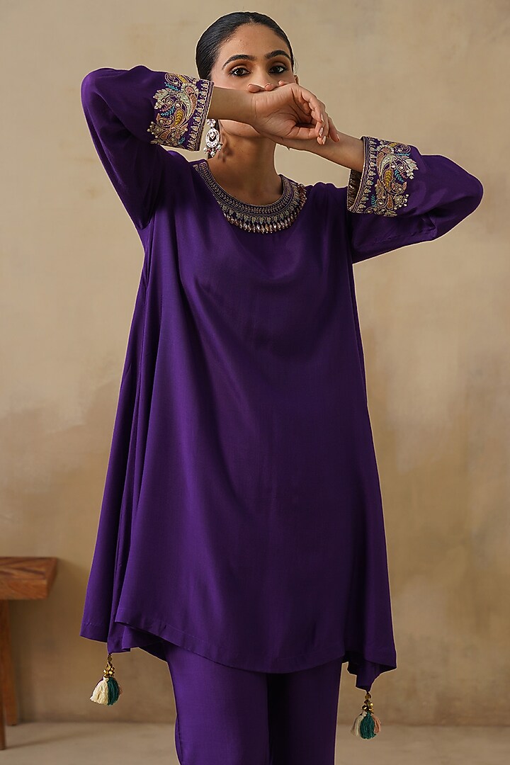 Purple Cotton Silk Embroidered Co-Ord Set by Inej at Pernia's Pop Up Shop