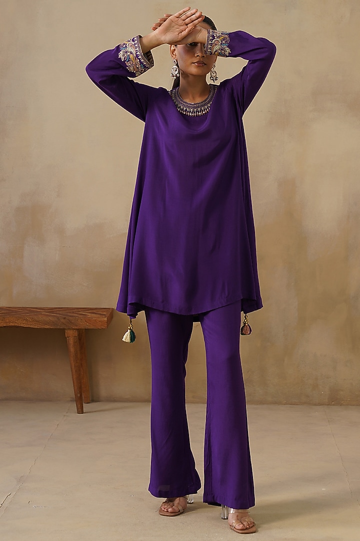Purple Cotton Silk Embroidered Co-Ord Set by Inej at Pernia's Pop Up Shop
