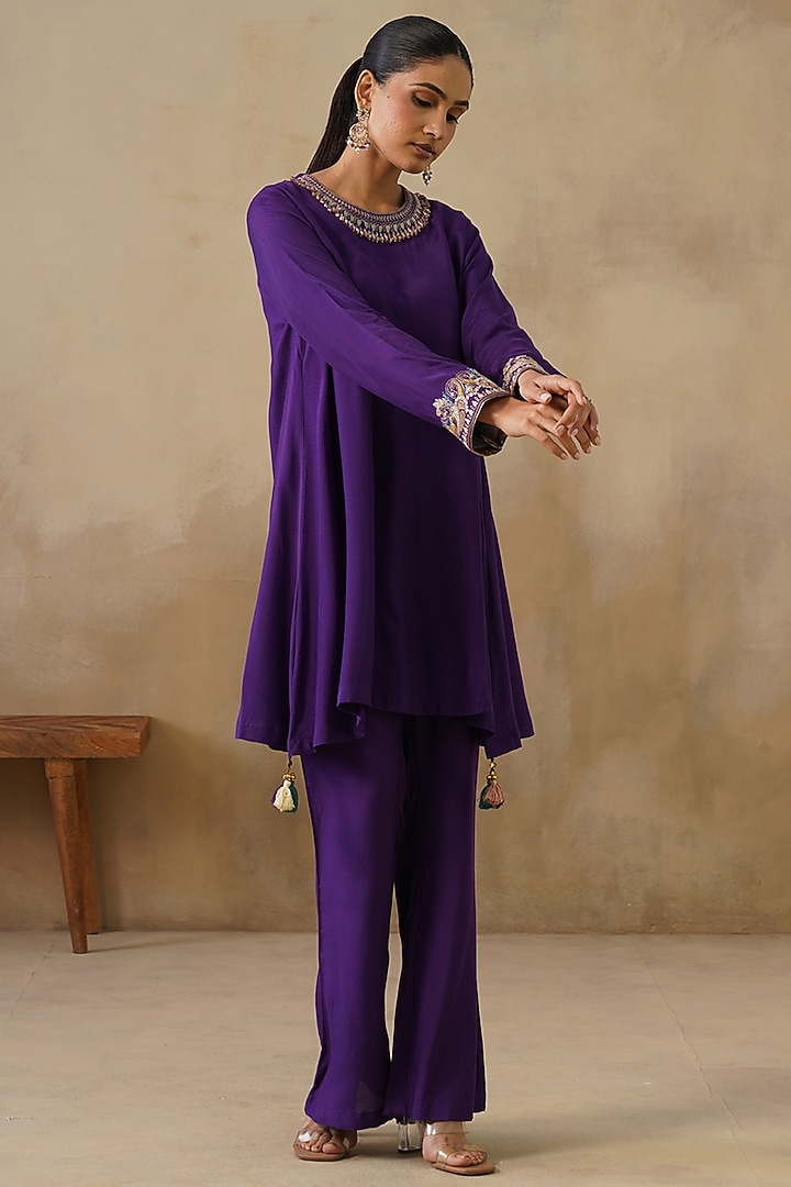 Purple Cotton Silk Embroidered Co-Ord Set by Inej at Pernia's Pop Up Shop