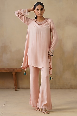Pink Cotton Silk Embroidered Co-Ord Set by Inej