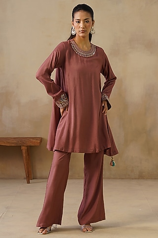 Brown Cotton Silk Embroidered Co-Ord Set by Inej