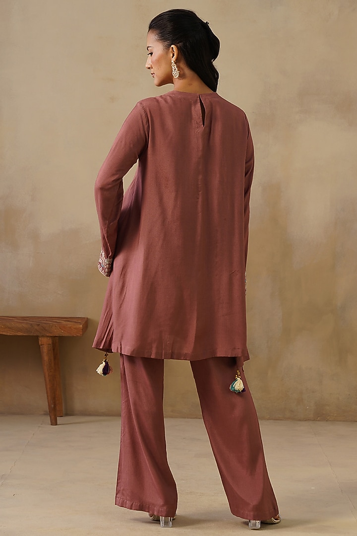 Brown Cotton Silk Embroidered Co-Ord Set by Inej at Pernia's Pop Up Shop