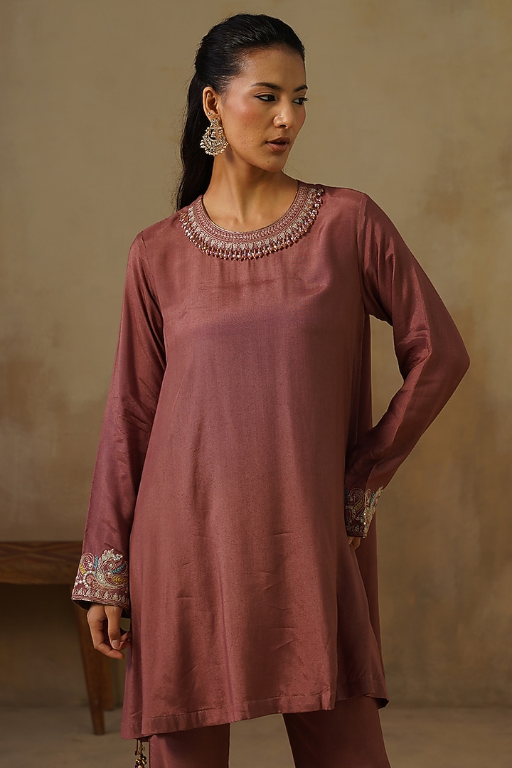 Brown Cotton Silk Embroidered Co-Ord Set by Inej at Pernia's Pop Up Shop