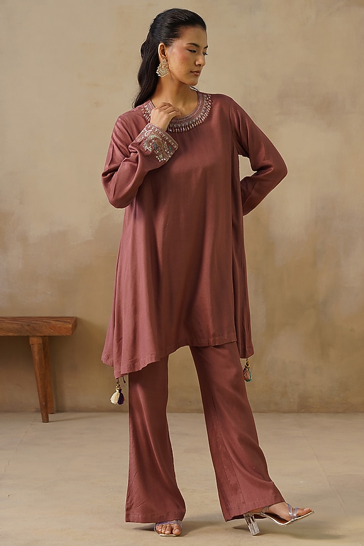Brown Cotton Silk Embroidered Co-Ord Set by Inej at Pernia's Pop Up Shop