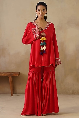 Red Cotton Silk Gharara Set by Inej