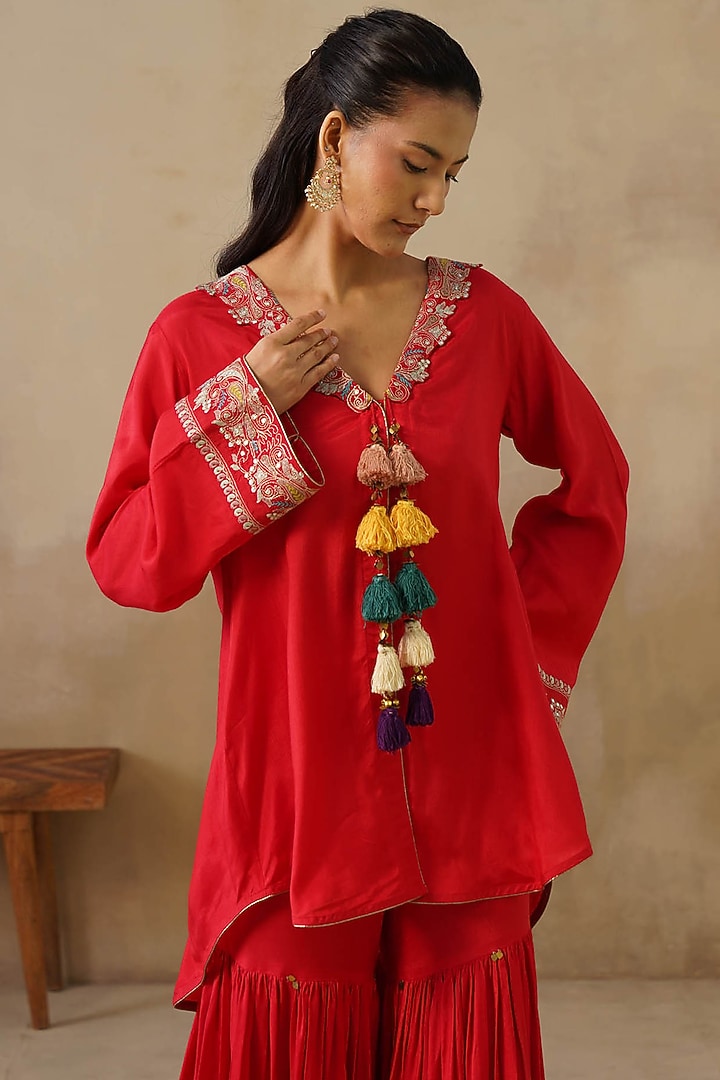 Red Cotton Silk Gharara Set by Inej at Pernia's Pop Up Shop