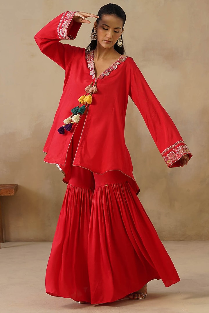 Red Cotton Silk Gharara Set by Inej at Pernia's Pop Up Shop