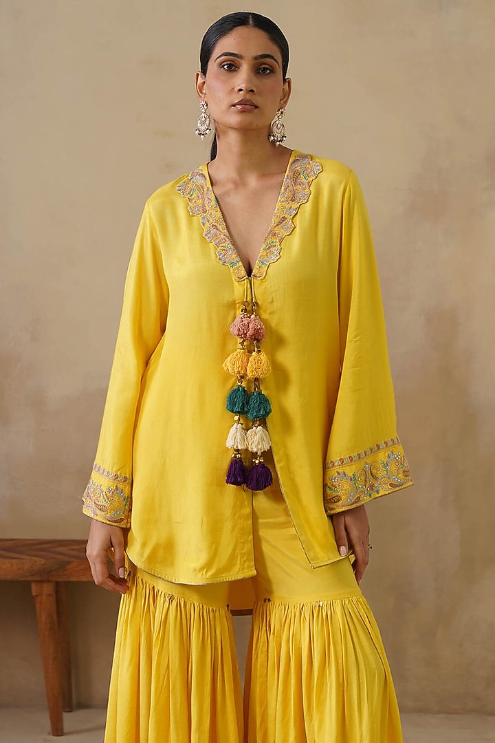 Yellow Cotton Silk Ghrara Set by Inej at Pernia's Pop Up Shop